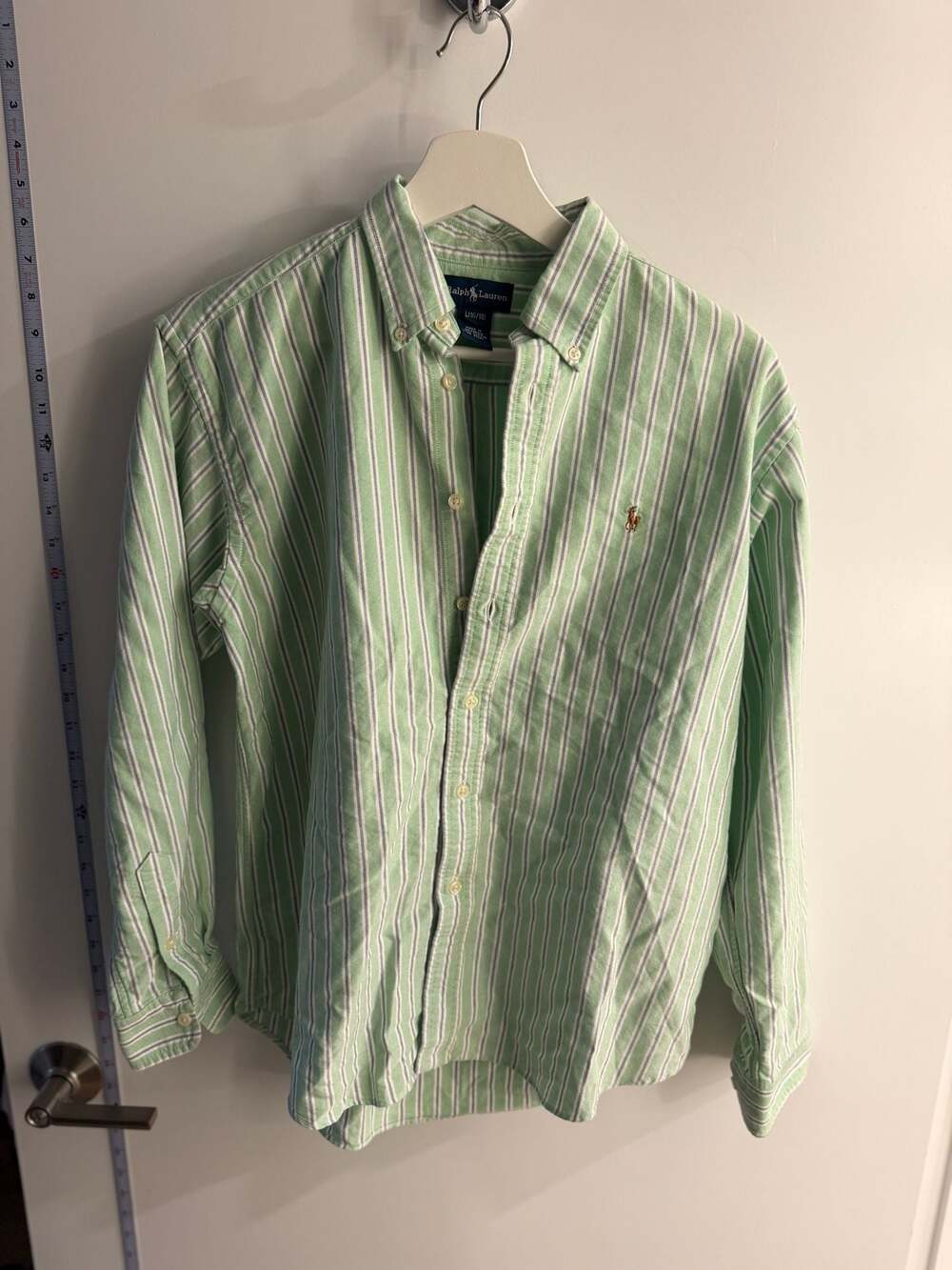 Ralph Lauren Boys Green Striped Oxford Button Down Shirt Size L (16/18)